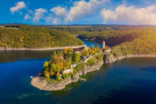 Aerial view of Zvikov castle, Czechia. Zvikov castle at the junction of the Vltava and Otava rivers, South Bohemian Region. Zvikov Castle in south of Bohemia in Czech Republic.
