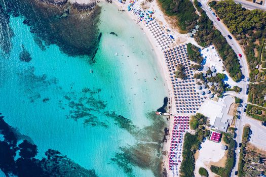 Stunning aerial view of Pelosa Beach (Spiaggia Della Pelosa). Stintino, Sardinia, Italy. La Pelosa beach, Sardinia, Italy. La Pelosa beach, probably the most beautiful beach in Sardinia, Italy