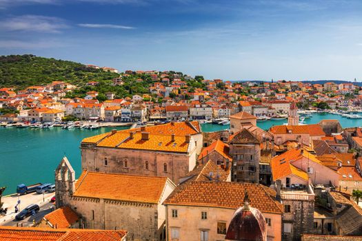 View at town Trogir, old touristic place in Croatia Europe. Trogir town coastal view. Magnificent Trogir, Croatia. Sunny old Venetian town, Dalmatian Coast in Croatia.