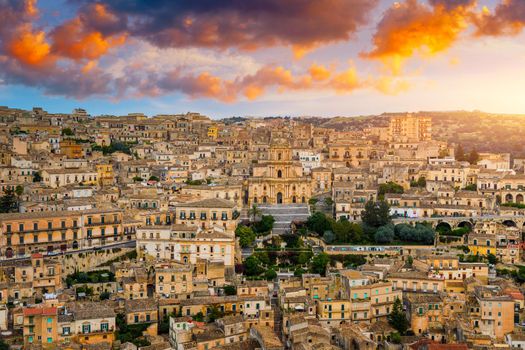 View of Modica, Sicily, Italy. Modica (Ragusa Province), view of the baroque town. Sicily, Italy. Ancient city Modica from above, Sicily, Italy