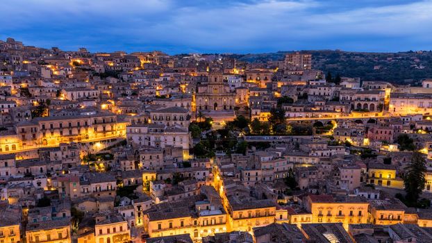 View of Modica, Sicily, Italy. Modica (Ragusa Province), view of the baroque town. Sicily, Italy. Ancient city Modica from above, Sicily, Italy