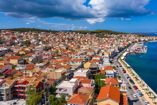 Aerial drone view of Argostoli (Argostolion), famous city and capital of Cefalonia (Kefalonia) island, Ionian islands, Greece. Argostoli town, former municipality on the island of Kefalonia, Greece.