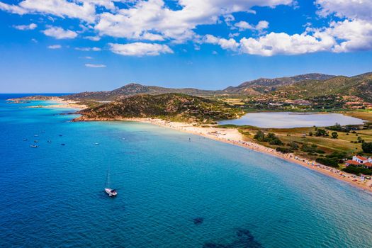 Panorama of the wonderful beaches of Chia, Sardinia, Italy. View of beautiful Chia bay and wonderful beaches, Sardinia island, Italy. Beautiful sea and bay on Su Guideu beach, Sardinia island, Italy