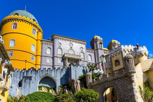 Palace of Pena in Sintra. Lisbon, Portugal. Travel Europe, holidays in Portugal. Panoramic View Of Pena Palace, Sintra, Portugal. Pena National Palace, Sintra, Portugal. 