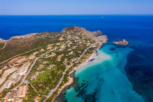 Stunning aerial view of Pelosa Beach (Spiaggia Della Pelosa) with Torre della Pelosa and Capo Falcone. Stintino, Sardinia, Italy. La Pelosa beach, probably the most beautiful beach in Sardinia, Italy