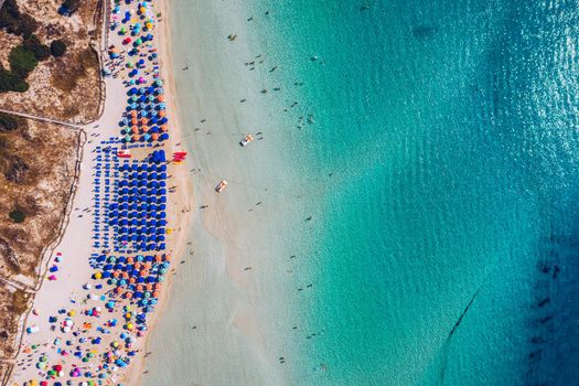 Stunning aerial view of Pelosa Beach (Spiaggia Della Pelosa). Stintino, Sardinia, Italy. La Pelosa beach, Sardinia, Italy. La Pelosa beach, probably the most beautiful beach in Sardinia, Italy