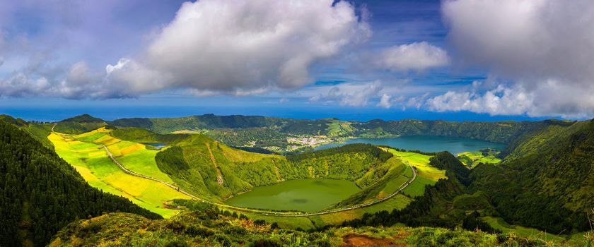 View of Sete Cidades near Miradouro da Grota do Inferno viewpoint, Sao Miguel Island, Azores, Portugal. Grota do Inferno viewpoint at Sete Cidades on Sao Miguel Island, Azores, Portugal.