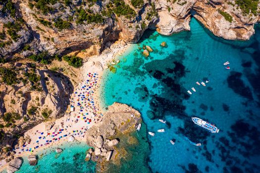 Cala Mariolu view from above. Cala Mariolu famous beach. Italy Sardinia Nuoro province National Park of the Bay of Orosei and Gennargentu Cala Mariolu listed as World Heritage. Sardinia, Italy.