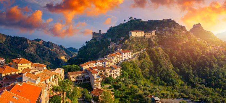 Aerial view of Savoca village in Sicily, Italy. Sicilian village Savoca (known from the Godfather movies). Houses on a hill in Savoca, small town on Sicily in Italy.