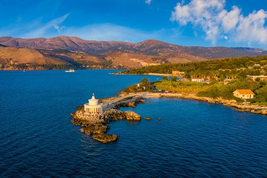 Aerial view of Lighthouse of Saint Theodore in Lassi, Argostoli, Kefalonia island in Greece. Saint Theodore lighthouse in Kefalonia island, Argostoli town, Greece, Europe.
