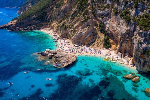 Cala Mariolu view from above. Cala Mariolu famous beach. Italy Sardinia Nuoro province National Park of the Bay of Orosei and Gennargentu Cala Mariolu listed as World Heritage. Sardinia, Italy.