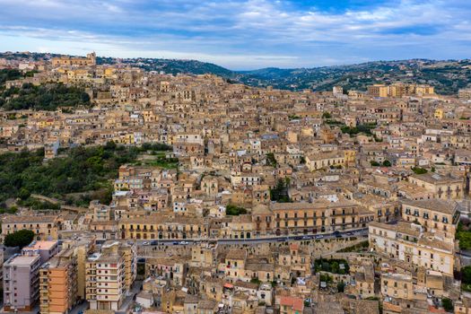 Aerial view of Modica, Sicily, Italy. Modica (Ragusa Province), view of the baroque town. Sicily, Italy. Ancient city Modica from above, Sicily, Italy