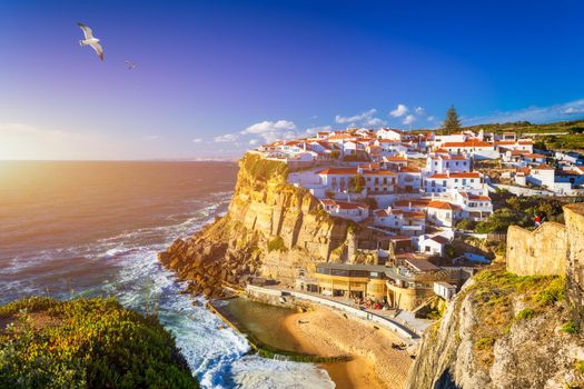 Azenhas do Mar is a seaside town in the municipality of Sintra, Portugal. Close to Lisboa. Azenhas do Mar white village, cliff and ocean, Sintra, Portugal. Azenhas Do Mar, Sintra, Portugal.