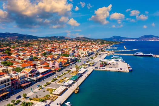 Lixouri is the second largest city of Kefalonia, Greece. Aerial view of city and port of Lixouri, Cefalonia island, Ionian, Greece. 