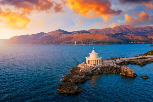 Aerial view of Lighthouse of Saint Theodore in Lassi, Argostoli, Kefalonia island in Greece. Saint Theodore lighthouse in Kefalonia island, Argostoli town, Greece, Europe.