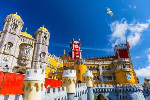 Palace of Pena in Sintra. Lisbon, Portugal. Travel Europe, holidays in Portugal. Panoramic View Of Pena Palace, Sintra, Portugal. Pena National Palace, Sintra, Portugal. 