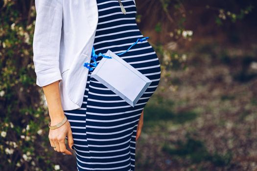 Beautiful pregnant woman feeling happy in nature while taking care of her child. Young expecting mother holding baby in pregnant belly. Maternity prenatal care and woman pregnancy concept.