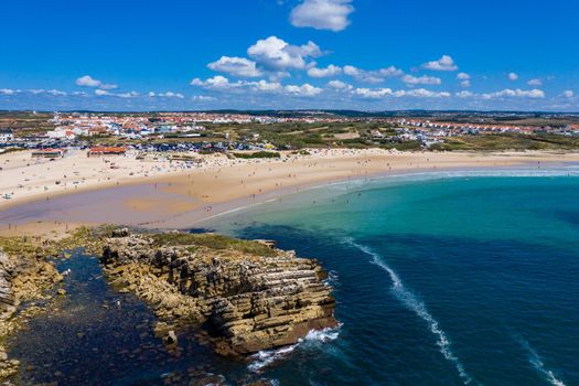 Campismo beach and Dunas beach and Island Baleal near Peniche on the shore of the Atlantic ocean in west coast of Portugal. Beautiful Baleal beach at Baleal peninsula close to Peniche, Portugal.