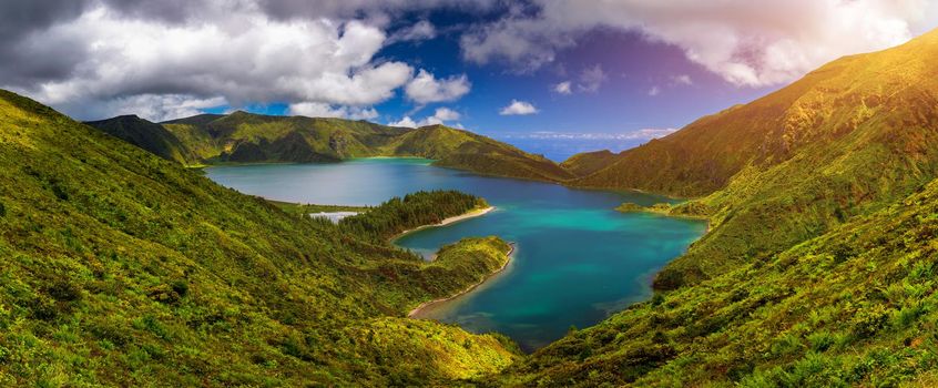 Beautiful panoramic view of Lagoa do Fogo lake in Sao Miguel Island, Azores, Portugal. "Lagoa do Fogo" in São Miguel Island, Azores. Panoramic image of Lagoa do Fogo, Sao Miguel, Azores, Portugal.