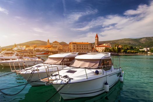 View at town Trogir, old touristic place in Croatia Europe. Trogir town coastal view. Magnificent Trogir, Croatia. Sunny old Venetian town, Dalmatian Coast in Croatia.