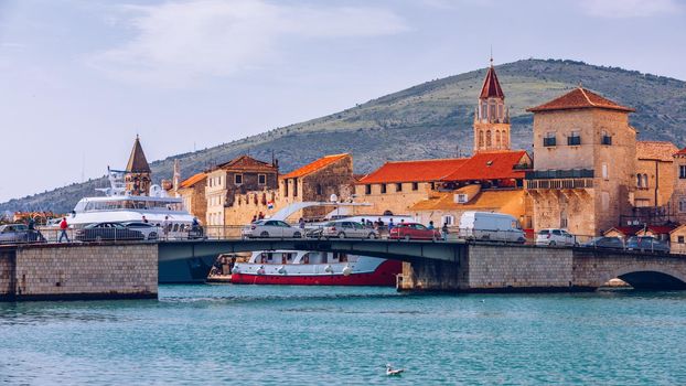 View at town Trogir, old touristic place in Croatia Europe. Trogir town coastal view. Magnificent Trogir, Croatia. Sunny old Venetian town, Dalmatian Coast in Croatia.