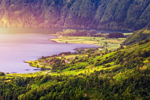 Traditional houses, Sete Cidades, Sao Miguel Island, Azores. Beautiful view of Sete Cidades village in Sao Miguel Island, Azores, Portugal. 