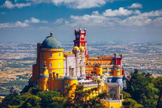 Palace of Pena in Sintra. Lisbon, Portugal. Travel Europe, holidays in Portugal. Panoramic View Of Pena Palace, Sintra, Portugal. Pena National Palace, Sintra, Portugal. 