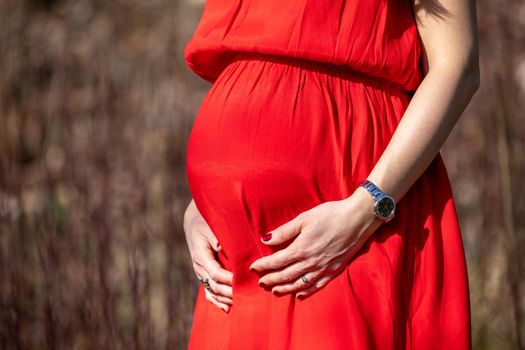 Beautiful pregnant woman feeling happy in nature while taking care of her child. Young expecting mother holding baby in pregnant belly. Maternity prenatal care and woman pregnancy concept.