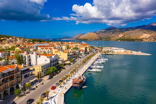 Aerial drone view of Argostoli (Argostolion), famous city and capital of Cefalonia (Kefalonia) island, Ionian islands, Greece. Argostoli town, former municipality on the island of Kefalonia, Greece.