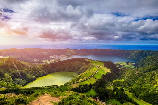 Beautiful view of Santiago Lake "Lagoa de Santiago " from Hell Mouth viewpoint "Miradouro Boca do Inferno" in São Miguel Island, Azores, Portugal. Lakes of Santiago and Sete Cidades, Azores, Portugal