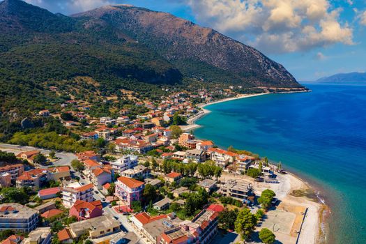 Aerial view of city of Poros, Kefalonia island in Greece. Poros city in middle of the day. Cephalonia or Kefalonia island, Ionian Sea, Greece. Poros village, Kefalonia island, Ionian islands, Greece.