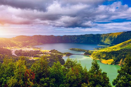 The Astonishing Lagoon Of The Seven Cities (Lagoa Das 7 Cidades), In Sao Miguel Azores, Portugal. Lagoon of the Seven Cities, Sao Miguel island, Azores. Ocean, aerial. Sao Miguel, Azores, Portugal.