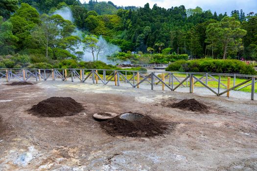 Cooking of Cozido Das Furnas meal, Sao Miguel, Azores. Hole in the ground for cooking Cozido das Furnas, a meat stew cooked by the volcanic steam from Furnas Lake, Sao Miguel, Azores, Portugal. 