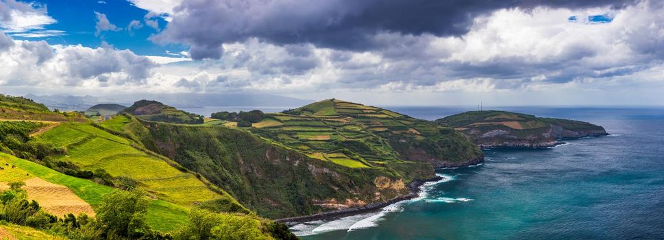 Beautiful coastal view of Miradouro de Santa Iria, Porto Formoso, Ribeira Grande, Sao Miguel, Azores, Portugal. Panorama to coastline of Sao Miguel island from Santa Iria viewpoint. Azores. Portugal