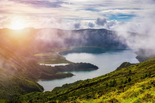 Beautiful panoramic view of Lagoa do Fogo lake in Sao Miguel Island, Azores, Portugal. "Lagoa do Fogo" in São Miguel Island, Azores. Panoramic image of Lagoa do Fogo, Sao Miguel, Azores, Portugal.