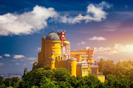 Palace of Pena in Sintra. Lisbon, Portugal. Travel Europe, holidays in Portugal. Panoramic View Of Pena Palace, Sintra, Portugal. Pena National Palace, Sintra, Portugal. 