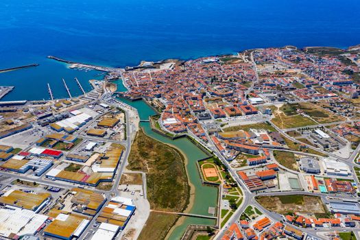 Aerial view of Peniche with the fortress, Peniche peninsula, Portugal. Peniche city buildings at Atlantic ocean coast, Portugal.
