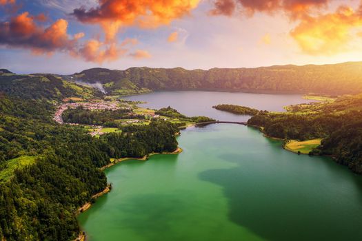 Beautiful view of Seven Cities Lake "Lagoa das Sete Cidades" from Vista do Rei viewpoint in São Miguel Island, Azores, Portugal. Lagoon of the Seven Cities, Sao Miguel island, Azores, Portugal.