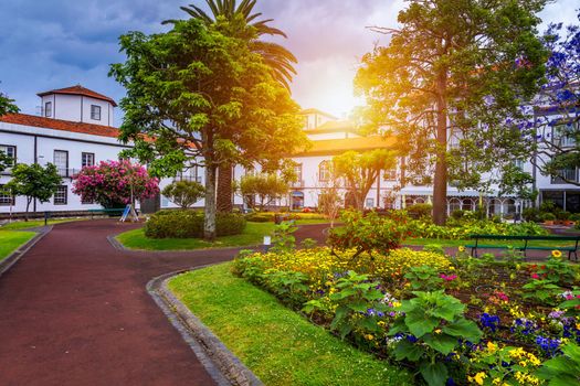 Beautiful Jardim Sena Freita, located in the historic center of Ponta Delgada city on Sao Miguel island. Azores, Sao Miguel, Portugal.