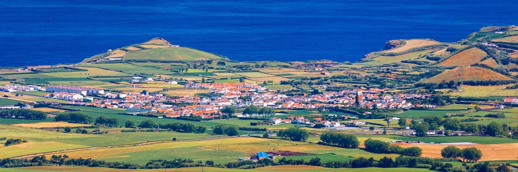 Azores panoramic view of natural landscape, wonderful scenic island of Portugal. Beautiful lagoons in volcanic craters and green fields. Tourist attraction and travel destination. Azores, Portugal.