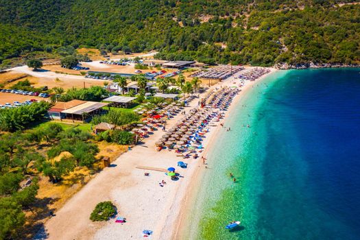 Beautiful crystal clear azure water at Antisamos beach on Kefalonia island, Greece. Beautiful sea bay with Antisamos beach on Kefalonia island, Ionian island, Cephalonia, Antisamos beach, Greece. 