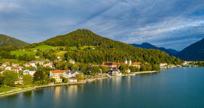 Tegernsee, Germany. Lake Tegernsee in Rottach-Egern (Bavaria), Germany near the Austrian border. Aerial view of the lake "Tegernsee" in the Alps of Bavaria. Bad Wiessee. Tegernsee lake in Bavaria. 