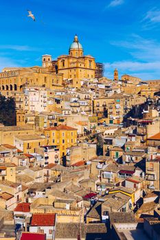 Piazza Armerina in the Enna province of Sicily in Italy. Piazza Armerina cityscape with the Cathedral SS. Assunta and old town, Sicily, Piazza Armerina, Province of Enna, Sicily, Italy, Europe.