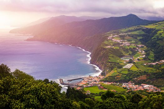 Panoramic Aerial View of Povoacao in Sao Miguel, Azores Islands. Povoacao is a municipality located in the southeastern corner of the island of Sao Miguel in the Portuguese archipelago of the Azores.