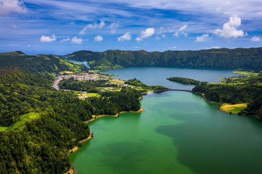 Beautiful view of Seven Cities Lake "Lagoa das Sete Cidades" from Vista do Rei viewpoint in São Miguel Island, Azores, Portugal. Lagoon of the Seven Cities, Sao Miguel island, Azores, Portugal.