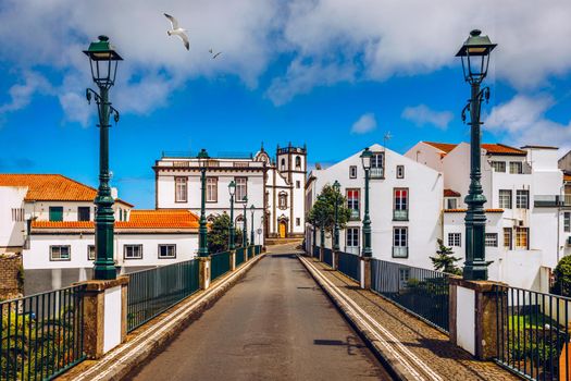 Beautiful nature view on Azores with small villages, tows, green nature fields. Amazing Azores. View of typical Azores village in Sao Miguel island, Azores, Portugal.