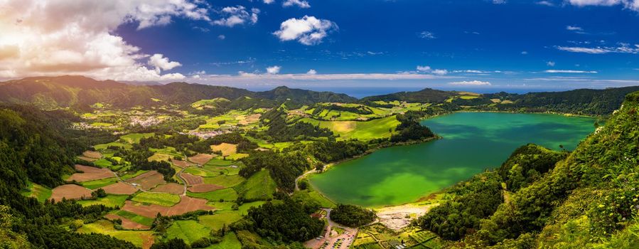 Aerial view of Lagoa das Furnas located on the Azorean island of Sao Miguel, Azores, Portugal. Lake Furnas (Lagoa das Furnas) on Sao Miguel, Azores, Portugal from the Pico do Ferro scenic viewpoint.