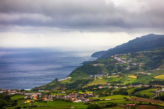 Panoramic Aerial View of Povoacao in Sao Miguel, Azores Islands. Povoacao is a municipality located in the southeastern corner of the island of Sao Miguel in the Portuguese archipelago of the Azores.