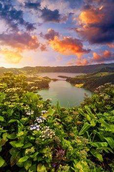 Beautiful view of Seven Cities Lake "Lagoa das Sete Cidades" from Vista do Rei viewpoint in São Miguel Island, Azores, Portugal. Lagoon of the Seven Cities, Sao Miguel island, Azores, Portugal.