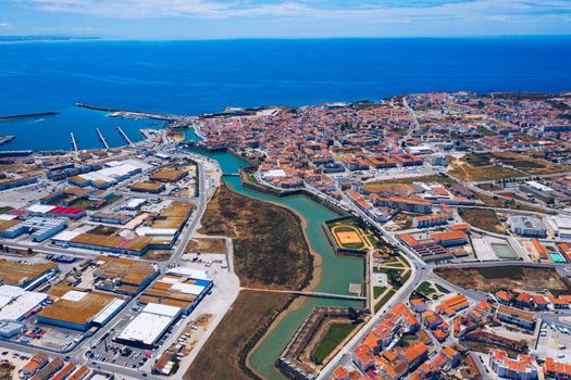 Aerial view of Peniche with the fortress, Peniche peninsula, Portugal. Peniche city buildings at Atlantic ocean coast, Portugal.